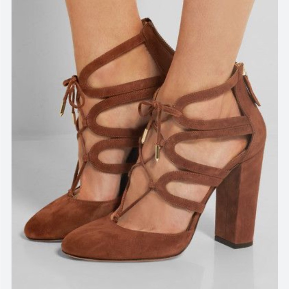 Aquazzura Holli Curvy Caged Pumps, in Cognac Brown, Size 39.